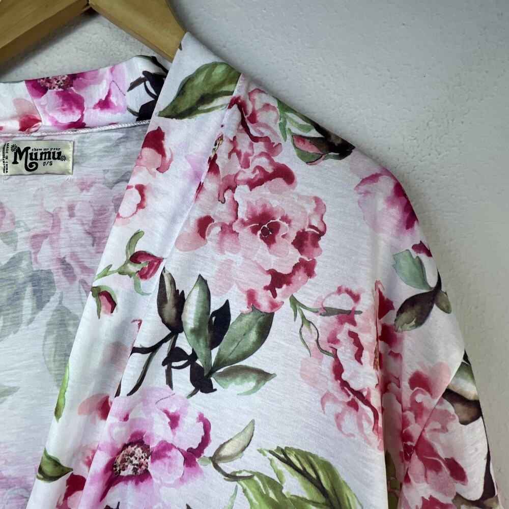 Show me your Mumu floral print robe white pink roses open one size kimono jacket - Picture 3 of 8